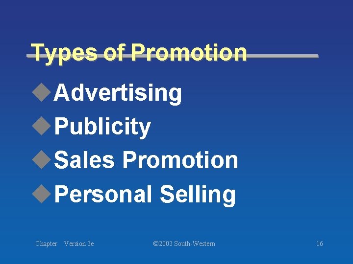 Types of Promotion u. Advertising u. Publicity u. Sales Promotion u. Personal Selling Chapter