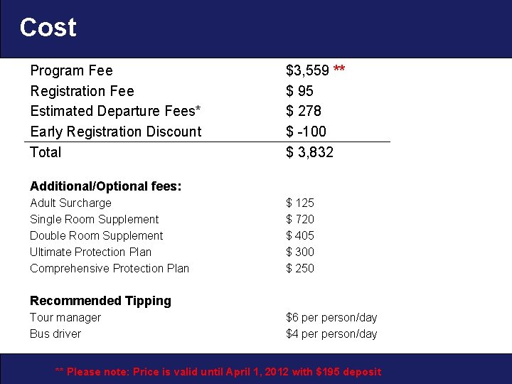 Cost Program Fee Registration Fee Estimated Departure Fees* Early Registration Discount Total $3, 559