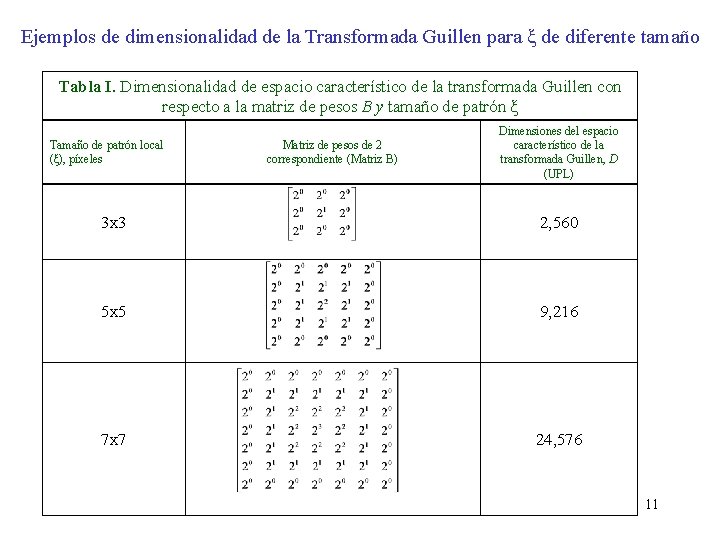 Ejemplos de dimensionalidad de la Transformada Guillen para ξ de diferente tamaño Tabla I.