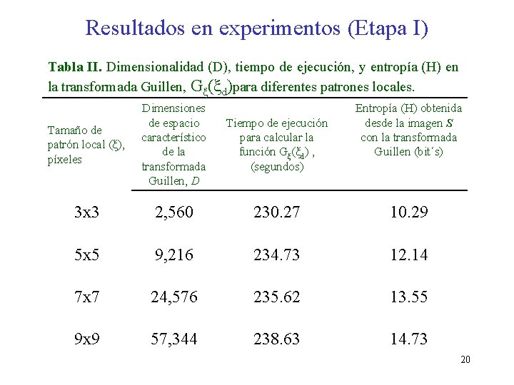 Resultados en experimentos (Etapa I) Tabla II. Dimensionalidad (D), tiempo de ejecución, y entropía