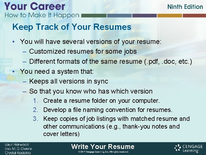 Keep Track of Your Resumes • You will have several versions of your resume: