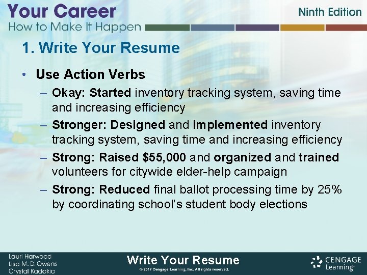 1. Write Your Resume • Use Action Verbs – Okay: Started inventory tracking system,