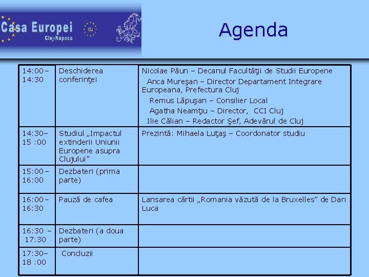 Agenda 14: 00 – 14: 30 Deschiderea conferinţei Nicolae Păun – Decanul Facultăţii de