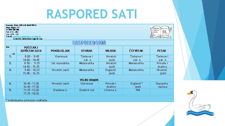 RASPORED SATI Osnovna škola JURJA DALMATINCA Stipe Ninića 27 22 000 ŠIBENIK Tel: 212
