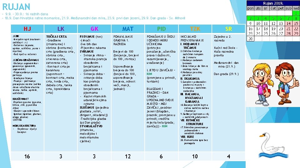 RUJAN - 9. 9. – 30. 9. : 16 radnih dana - 18. 9.