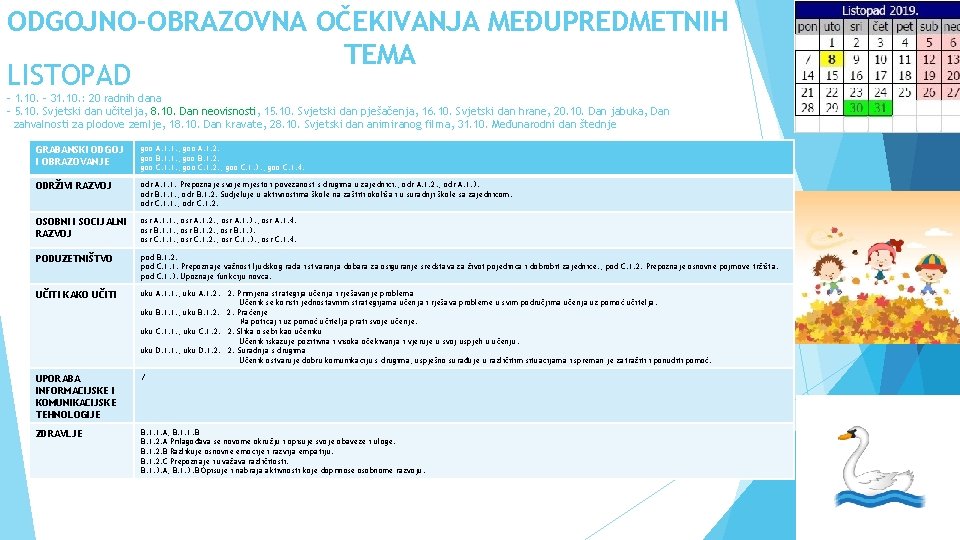 ODGOJNO-OBRAZOVNA OČEKIVANJA MEĐUPREDMETNIH TEMA LISTOPAD - 1. 10. – 31. 10. : 20 radnih