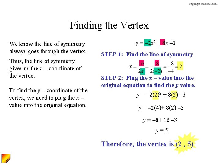 Finding the Vertex We know the line of symmetry always goes through the vertex.