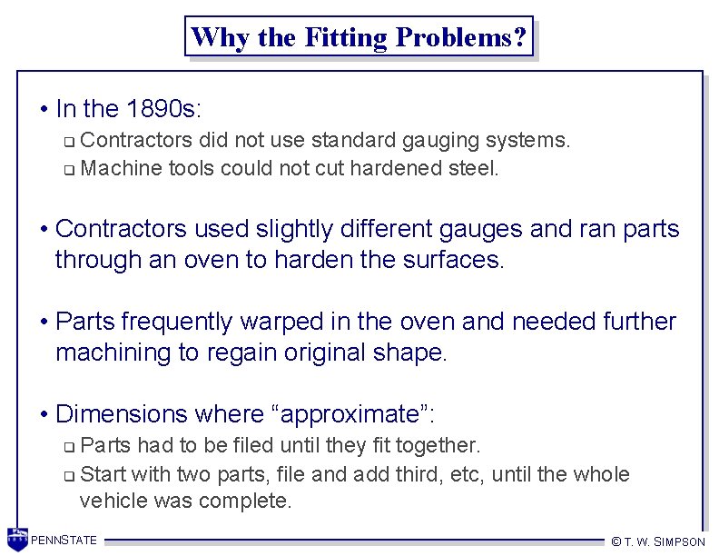 Why the Fitting Problems? • In the 1890 s: Contractors did not use standard
