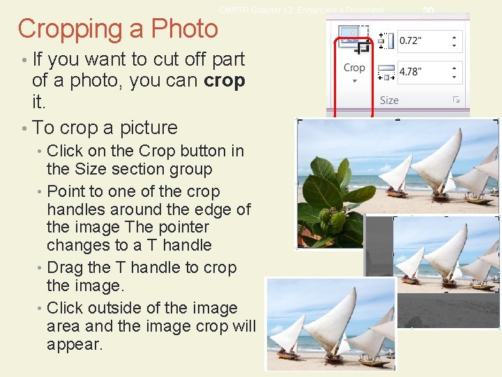 Cropping a Photo CMPTR Chapter 12: Enhancing a Document • If you want to