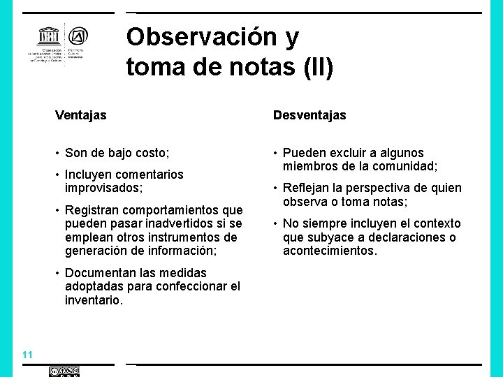 Observación y toma de notas (II) Ventajas Desventajas • Son de bajo costo; •