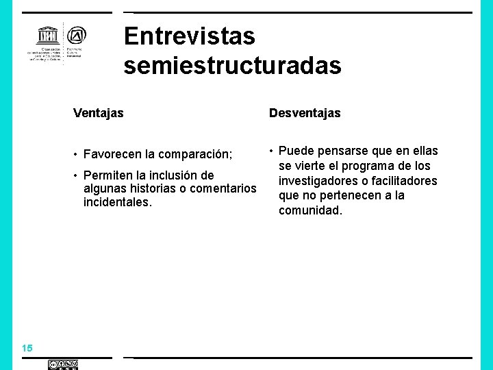 Entrevistas semiestructuradas Ventajas Desventajas • Puede pensarse que en ellas se vierte el programa