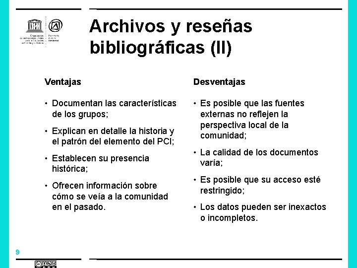 Archivos y reseñas bibliográficas (II) Ventajas Desventajas • Documentan las características de los grupos;