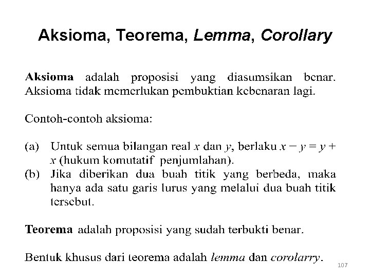 Aksioma, Teorema, Lemma, Corollary 107 