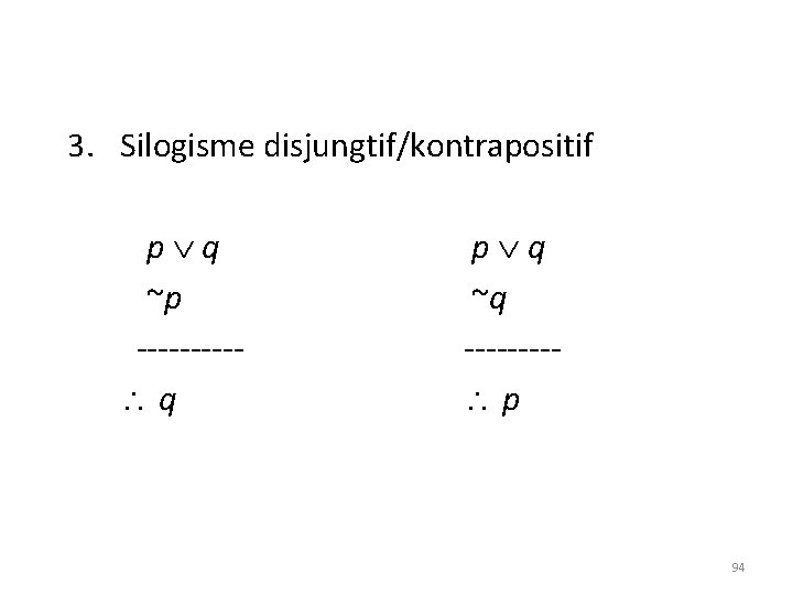 3. Silogisme disjungtif/kontrapositif p q ~p ----- q p q ~q ---- p 94