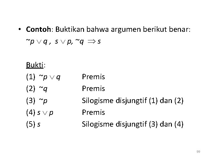  • Contoh: Buktikan bahwa argumen berikut benar: ~p q , s p, ~q