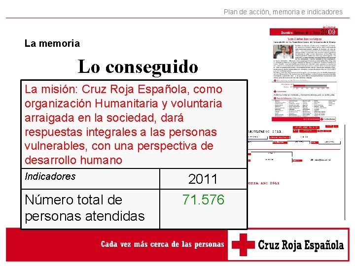 Plan de acción, memoria e indicadores La memoria Lo conseguido La misión: Cruz Roja Plan de acción, memoria e indicadores La memoria Lo conseguido La misión: Cruz Roja