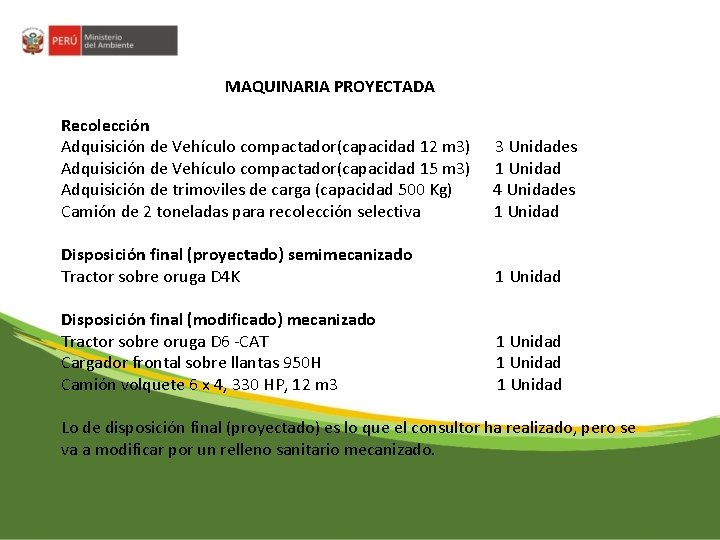 MAQUINARIA PROYECTADA Recolección Adquisición de Vehículo compactador(capacidad 12 m 3) 3 Unidades Adquisición de