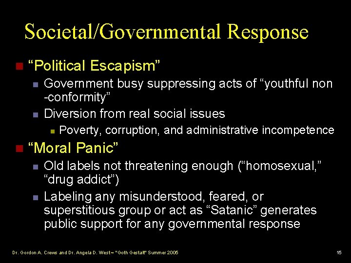 Societal/Governmental Response n “Political Escapism” n n Government busy suppressing acts of “youthful non
