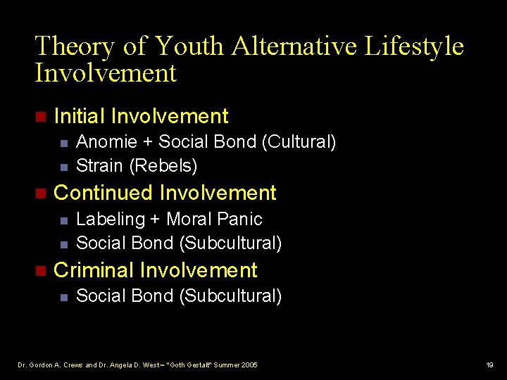 Theory of Youth Alternative Lifestyle Involvement n Initial Involvement n n n Continued Involvement