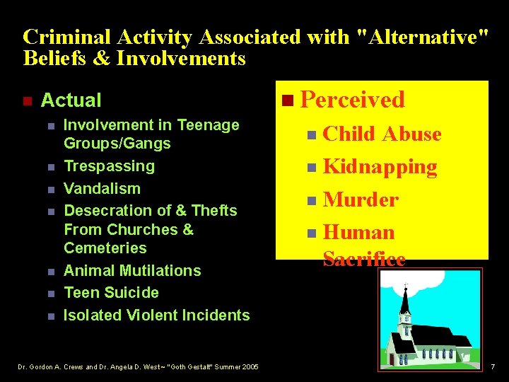 Criminal Activity Associated with "Alternative" Beliefs & Involvements n Actual n n n n