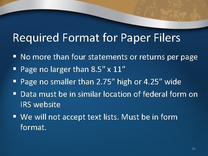 Required Format for Paper Filers No more than four statements or returns per page