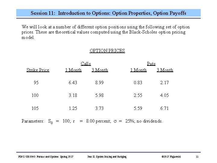 Session 11: Introduction to Options: Option Properties, Option Payoffs We will look at a