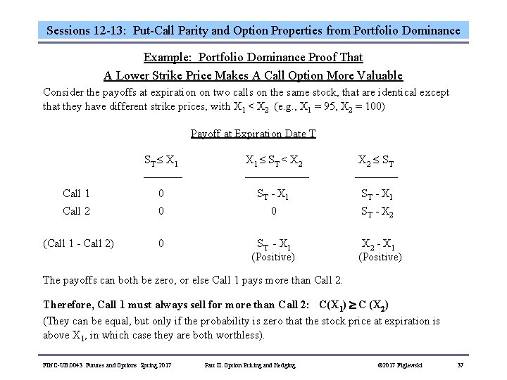 Sessions 12 -13: Put-Call Parity and Option Properties from Portfolio Dominance Example: Portfolio Dominance