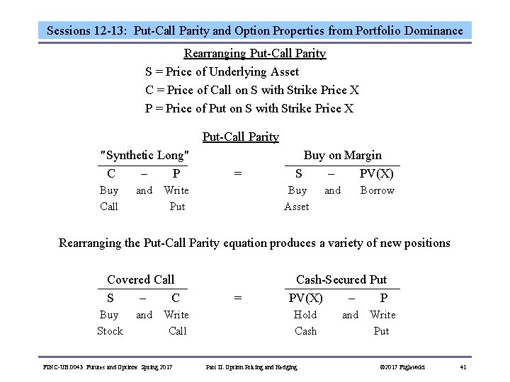 Sessions 12 -13: Put-Call Parity and Option Properties from Portfolio Dominance Rearranging Put-Call Parity