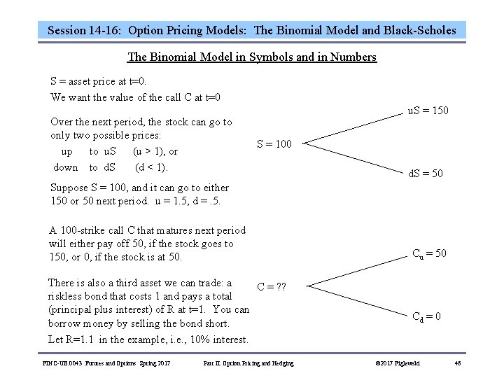 Session 14 -16: Option Pricing Models: The Binomial Model and Black-Scholes The Binomial Model