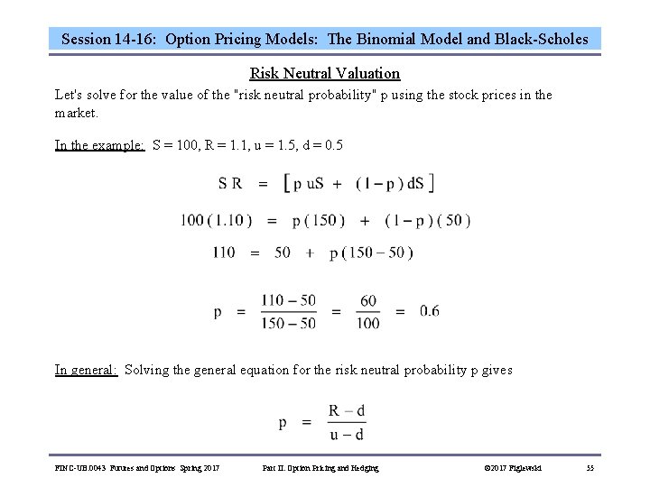 Session 14 -16: Option Pricing Models: The Binomial Model and Black-Scholes Risk Neutral Valuation