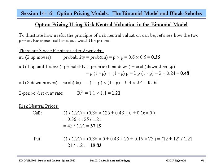 Session 14 -16: Option Pricing Models: The Binomial Model and Black-Scholes Option Pricing Using