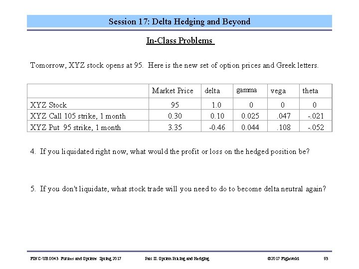 Session 17: Delta Hedging and Beyond In-Class Problems Tomorrow, XYZ stock opens at 95.