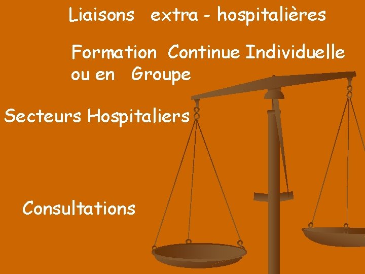 Liaisons extra - hospitalières Formation Continue Individuelle ou en Groupe Secteurs Hospitaliers Consultations 