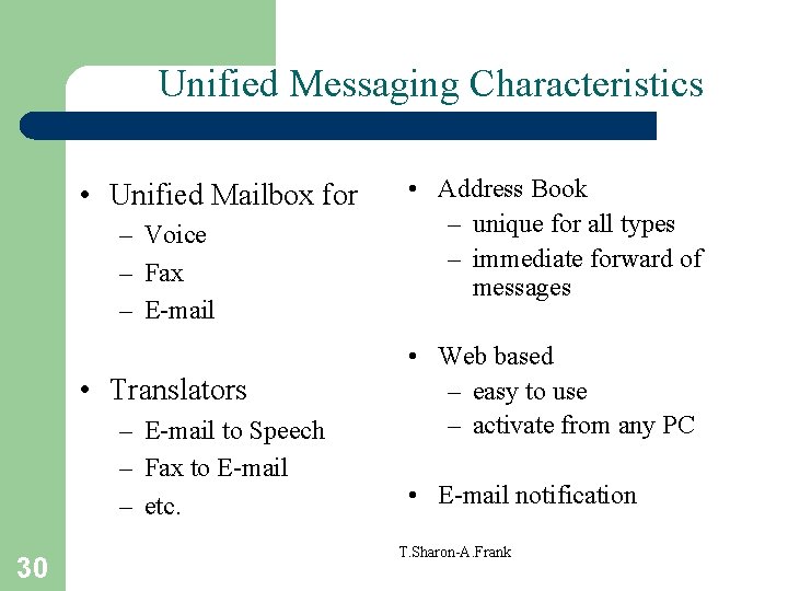 Unified Messaging Characteristics • Unified Mailbox for – Voice – Fax – E-mail •