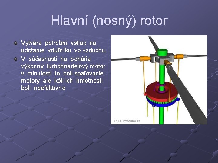 Hlavní (nosný) rotor Vytvára potrební vstlak na udržanie vrtuľníku vo vzduchu. V súčasnosti ho