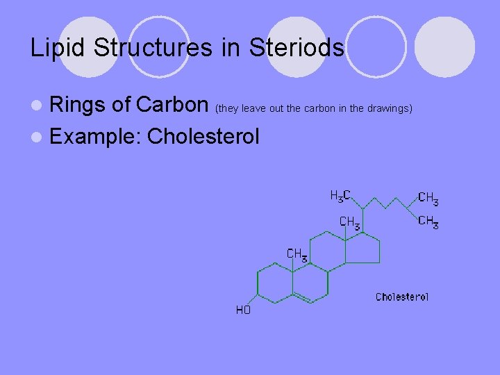 Lipid Structures in Steriods l Rings of Carbon (they leave out the carbon in