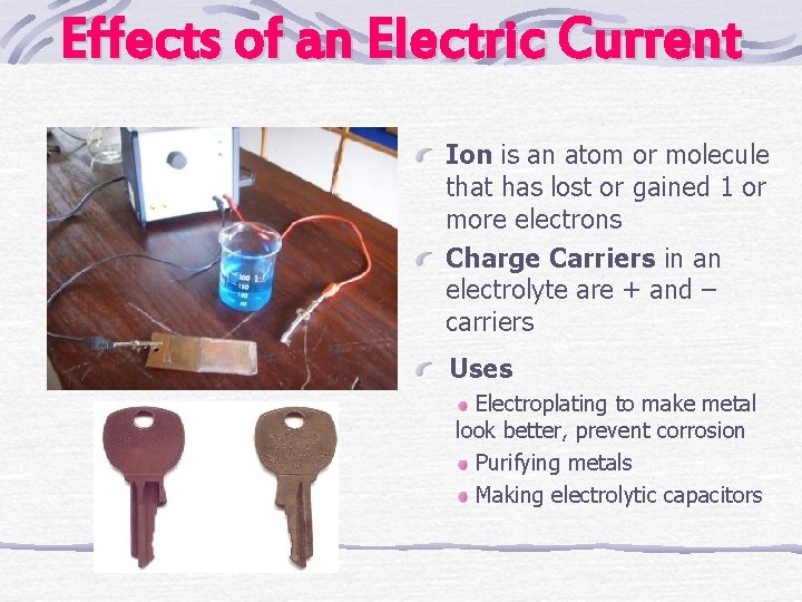 Effects of an Electric Current Ion is an atom or molecule that has lost
