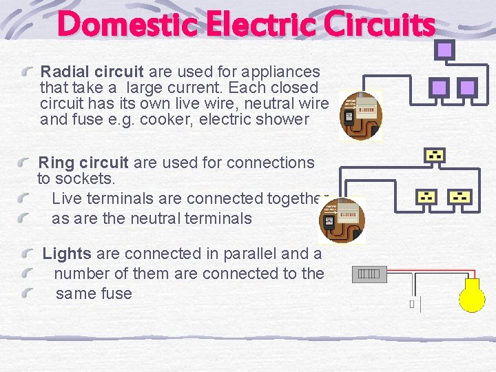 Domestic Electric Circuits Radial circuit are used for appliances that take a large current.