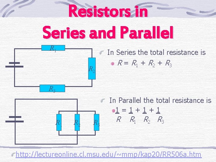 Resistors in Series and Parallel R 1 R 2 In Series the total resistance