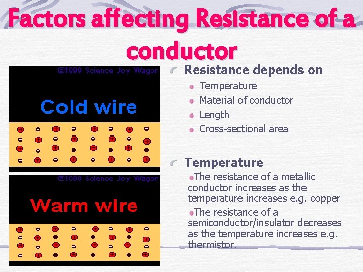 Factors affecting Resistance of a conductor Resistance depends on Temperature Material of conductor Length