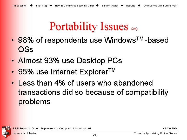 Introduction First Step How E-Commerce Systems Differ Survey Design Results Portability Issues Conclusions and Introduction First Step How E-Commerce Systems Differ Survey Design Results Portability Issues Conclusions and