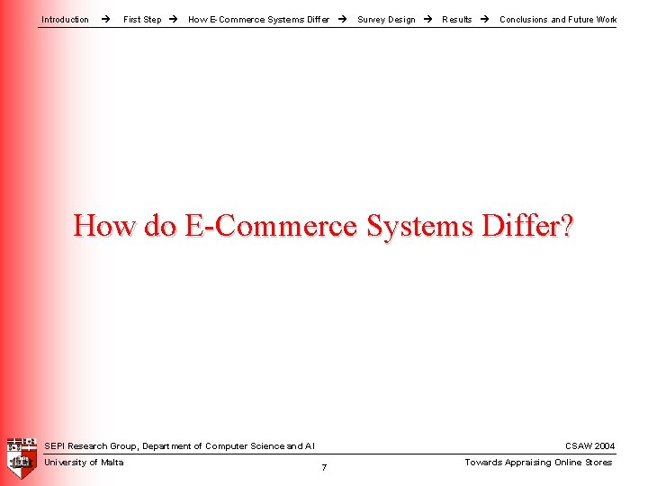 Introduction First Step How E-Commerce Systems Differ Survey Design Results Conclusions and Future Work Introduction First Step How E-Commerce Systems Differ Survey Design Results Conclusions and Future Work