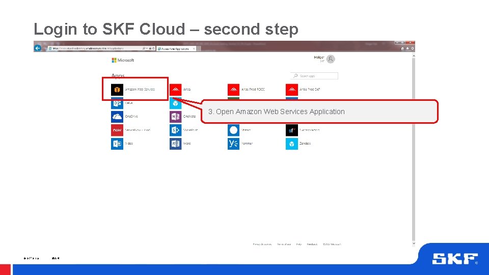 Login to SKF Cloud – second step 3. Open Amazon Web Services Application © Login to SKF Cloud – second step 3. Open Amazon Web Services Application ©