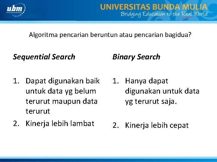 Algoritma pencarian beruntun atau pencarian bagidua? Sequential Search Binary Search 1. Dapat digunakan baik