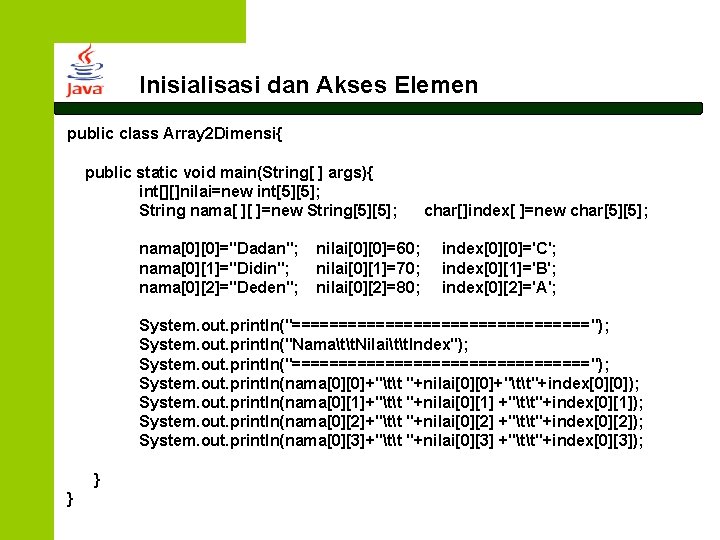 Inisialisasi dan Akses Elemen public class Array 2 Dimensi{ public static void main(String[ ]