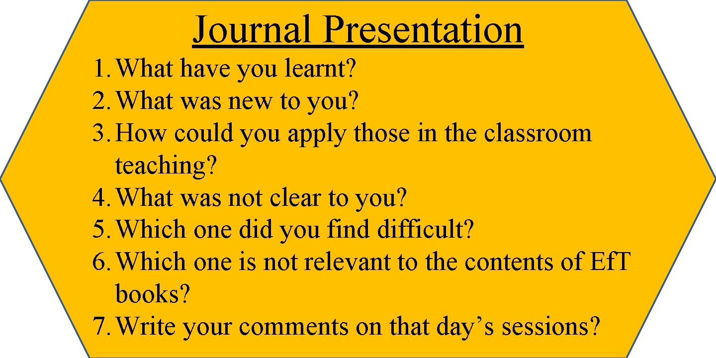 Journal Presentation 1. What have you learnt? 2. What was new to you? 3.