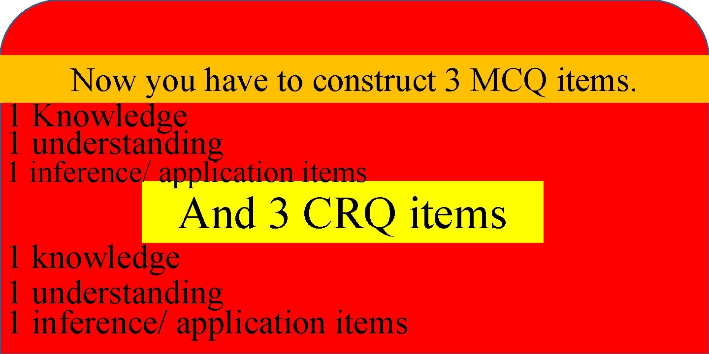 Now you have to construct 3 MCQ items. 1 Knowledge 1 understanding 1 inference/