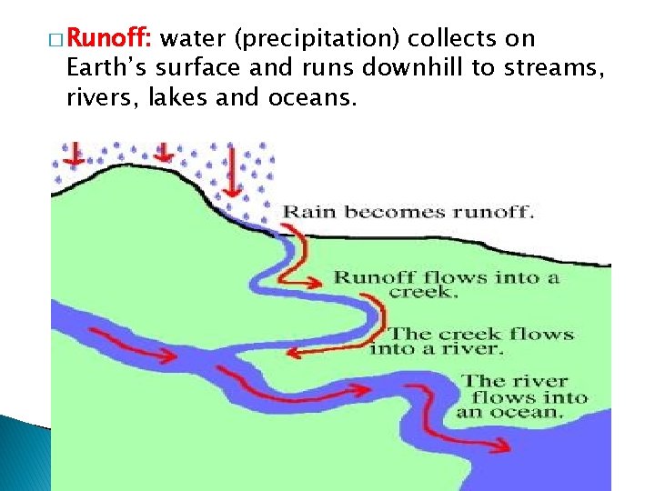 � Runoff: water (precipitation) collects on Earth’s surface and runs downhill to streams, rivers,