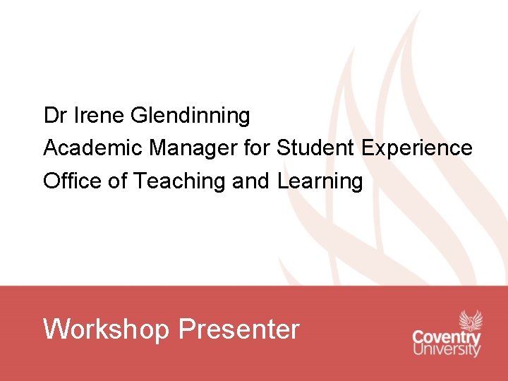 Dr Irene Glendinning Academic Manager for Student Experience Office of Teaching and Learning Workshop Dr Irene Glendinning Academic Manager for Student Experience Office of Teaching and Learning Workshop