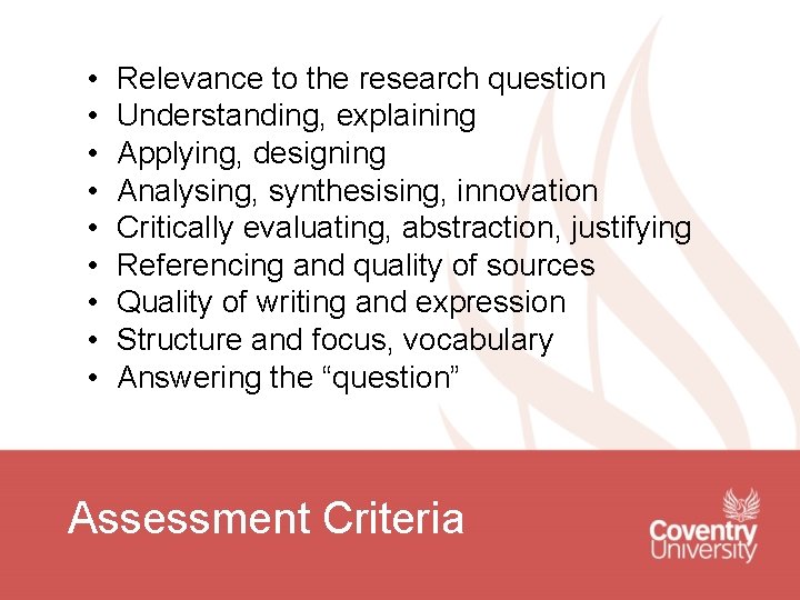 • • • Relevance to the research question Understanding, explaining Applying, designing Analysing, • • • Relevance to the research question Understanding, explaining Applying, designing Analysing,